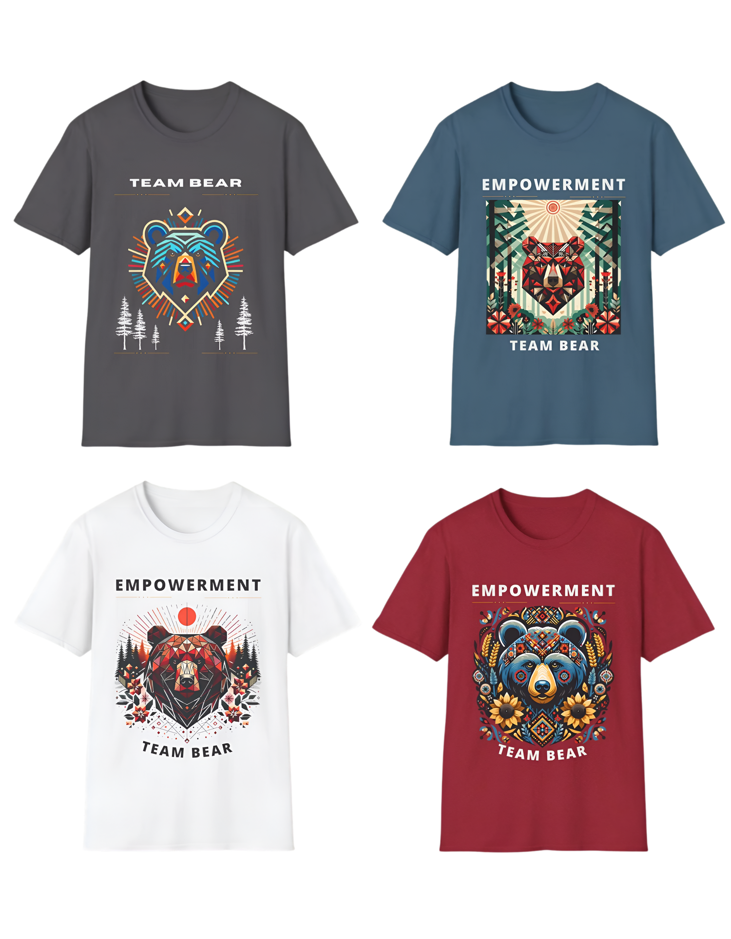 Team Bear T-shirt collection showcasing designs that blend bear imagery with empowerment slogans. Each shirt represents unity and strength, ideal for advocates of women's safety and independence, resonating with #bearvsmanDebate and #teamBear themes